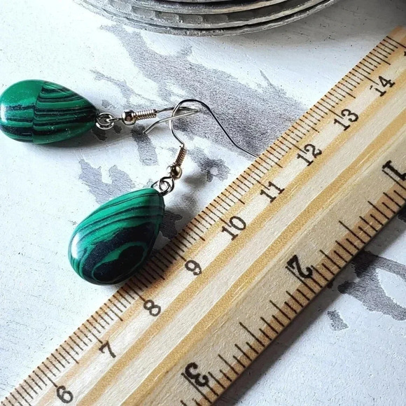 Malachite Gemstone Puffed Teardrop Handcrafted Green Silver Dangle Earrings - Picture 4 of 4